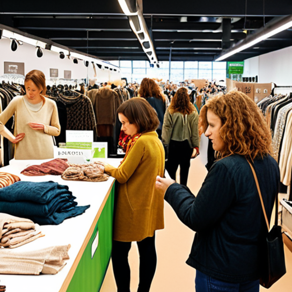 **

A vibrant market scene in Berlin showcasing clothing made from natural fibers like organic cotton and linen. Focus on textures and the soft, earthy tones of the fabrics. Shoppers are examining the clothes, with close-ups on "Bio" and "Fair Trade" labels. Capture the atmosphere of conscious consumerism and the feeling of making a positive impact. Emphasize a modern, sustainable aesthetic.

**