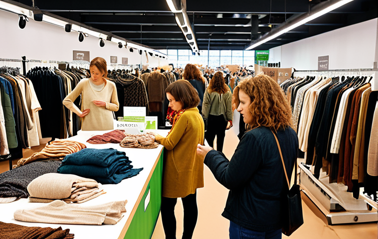**
A vibrant market scene in Berlin showcasing clothing made from natural fibers like organic cotton and linen. Focus on textures and the soft, earthy tones of the fabrics. Shoppers are examining the clothes, with close-ups on "Bio" and "Fair Trade" labels. Capture the atmosphere of conscious consumerism and the feeling of making a positive impact. Emphasize a modern, sustainable aesthetic.
**