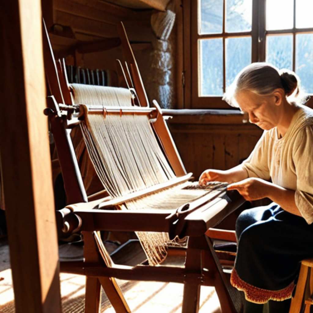 **Prompt:** A skilled German "Meister" (master craftsman) in a traditional Black Forest weaving workshop, meticulously repairing an old wooden loom. Sunlight streams through the window, illuminating the intricate details of the machine. The atmosphere is warm and filled with the rich textures of wool and yarn.