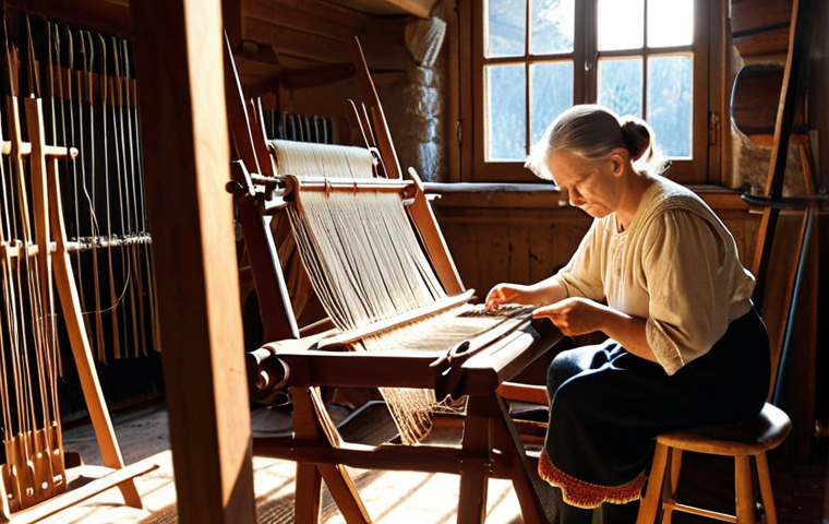 **Prompt:** A skilled German "Meister" (master craftsman) in a traditional Black Forest weaving workshop, meticulously repairing an old wooden loom. Sunlight streams through the window, illuminating the intricate details of the machine. The atmosphere is warm and filled with the rich textures of wool and yarn.