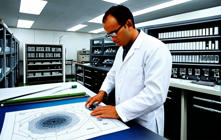 **Prompt:** A highly skilled and confident Textile Master (male or female, experienced, focused) standing amidst a modern, well-equipped textile workshop or laboratory. The scene blends traditional craftsmanship with advanced technology: one hand meticulously examines a complex fabric swatch under a microscope, while the other interacts with a touch screen displaying intricate digital textile designs or a real-time production monitoring system. Shelves in the background hold diverse technical textiles and materials, hinting at specialized knowledge beyond standard textbooks. Subtle elements of quality control, complex problem-solving diagrams, and sustainable material samples are visible, emphasizing deep expertise, practical application, and adherence to industry standards. The lighting is bright and clear, conveying professionalism and innovative spirit. --ar 16:9 --v