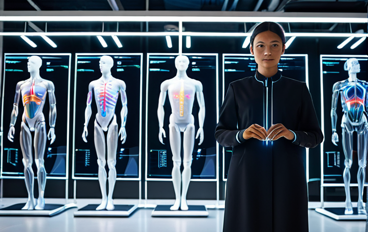 A professional, focused textile engineer, fully clothed in a modest, sleek, dark-toned smart textile garment, with subtle, illuminated sensor nodes integrated seamlessly into the fabric, indicating biometric data collection. They are standing in a bright, futuristic textile innovation lab with soft ambient lighting and holographic displays showing abstract, non-identifiable vital sign readouts in the background. The scene is captured with professional photography, high detail, realistic textures, and a clean aesthetic. perfect anatomy, correct proportions, natural pose, well-formed hands, proper finger count, natural body proportions, safe for work, appropriate content, fully clothed, professional.