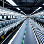 A professional, high-tech automated textile manufacturing facility interior. Rows of advanced, interconnected weaving and knitting machines operate seamlessly, with robotic arms assisting in material handling. Large, glowing holographic interfaces display real-time data visualizations of production metrics, material consumption, and efficiency. The environment is clean, brightly lit, and futuristic, emphasizing the integration of AI and Big Data in textile production. Professional photography, detailed, realistic, high resolution, soft studio lighting, safe for work, appropriate content, fully clothed, professional.