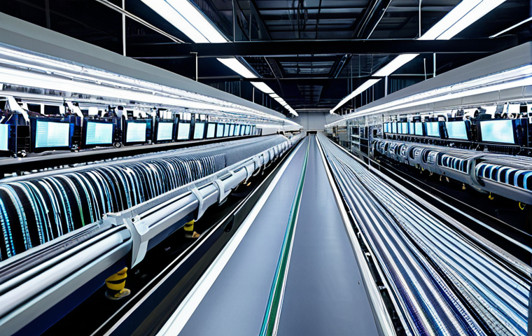 A professional, high-tech automated textile manufacturing facility interior. Rows of advanced, interconnected weaving and knitting machines operate seamlessly, with robotic arms assisting in material handling. Large, glowing holographic interfaces display real-time data visualizations of production metrics, material consumption, and efficiency. The environment is clean, brightly lit, and futuristic, emphasizing the integration of AI and Big Data in textile production. Professional photography, detailed, realistic, high resolution, soft studio lighting, safe for work, appropriate content, fully clothed, professional.