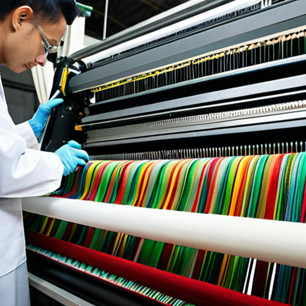 A professional textile technician, fully clothed in a modest work uniform and lab coat, meticulously inspecting a large, modern industrial weaving loom in a clean, brightly lit textile factory. The technician has well-formed hands and natural body proportions, with perfect anatomy and correct proportions in a natural pose, focusing intently on the fabric being produced. The background shows spools of colorful threads and other machinery. Safe for work, appropriate content, professional, high quality, studio lighting, realistic photography.
