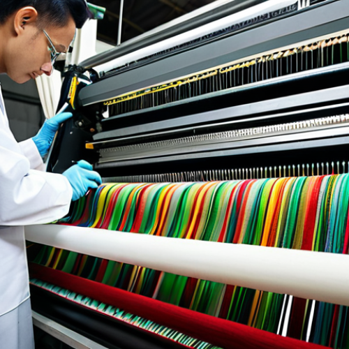 Home 22 A professional textile technician, fully clothed in a modest work uniform and lab coat, meticulously inspecting a large, modern industrial weaving loom in a clean, brightly lit textile factory. The technician has well-formed hands and natural body proportions, with perfect anatomy and correct proportions in a natural pose, focusing intently on the fabric being produced. The background shows spools of colorful threads and other machinery. Safe for work, appropriate content, professional, high quality, studio lighting, realistic photography.