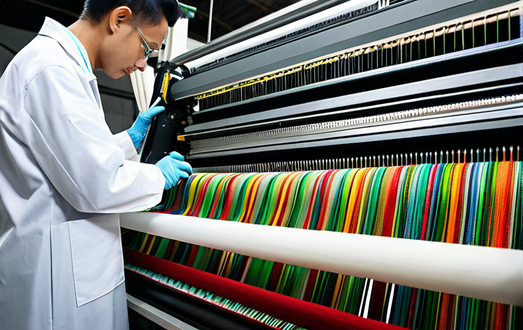 A professional textile technician, fully clothed in a modest work uniform and lab coat, meticulously inspecting a large, modern industrial weaving loom in a clean, brightly lit textile factory. The technician has well-formed hands and natural body proportions, with perfect anatomy and correct proportions in a natural pose, focusing intently on the fabric being produced. The background shows spools of colorful threads and other machinery. Safe for work, appropriate content, professional, high quality, studio lighting, realistic photography.