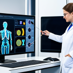 A professional textile engineer, fully clothed in a modest, modern lab coat over professional attire, meticulously observing an advanced robotic arm processing smart textile fibers in a futuristic, brightly lit textile research laboratory. The lab features sleek touchscreens displaying data on fiber properties and AI-driven design simulations. The setting emphasizes precision, innovation, and cutting-edge technology. The image showcases perfect anatomy, correct proportions, well-formed hands, and natural body proportions. safe for work, appropriate content, professional, family-friendly.