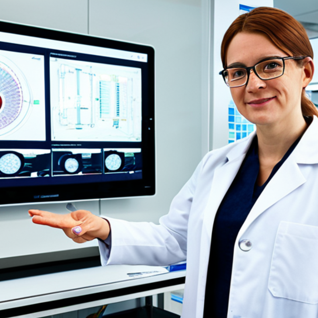 A professional textile engineer, fully clothed in a modest, clean white lab coat over appropriate business casual attire, stands in a brightly lit, modern research and development laboratory. Digital displays in the background showcase schematics of advanced textiles integrated into automotive safety systems and bio-resorbable medical implants, emphasizing high-tech applications. The scene depicts perfect anatomy, correct proportions, and a natural pose, with well-formed hands and proper finger count. The image is professional, safe for work, and appropriate content, ensuring a family-friendly aesthetic.