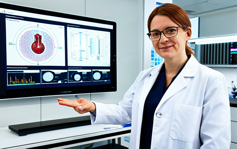 A professional textile engineer, fully clothed in a modest, clean white lab coat over appropriate business casual attire, stands in a brightly lit, modern research and development laboratory. Digital displays in the background showcase schematics of advanced textiles integrated into automotive safety systems and bio-resorbable medical implants, emphasizing high-tech applications. The scene depicts perfect anatomy, correct proportions, and a natural pose, with well-formed hands and proper finger count. The image is professional, safe for work, and appropriate content, ensuring a family-friendly aesthetic.