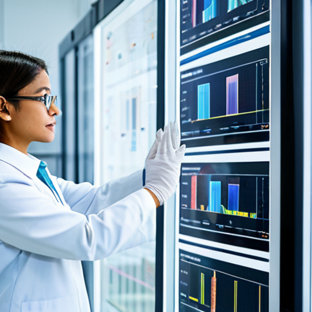 A professional female textile engineer in modest business attire, standing in a state-of-the-art textile research lab, reviewing data on a transparent digital display showing smart textile schematics and AI-driven production simulations. The lab is clean and brightly lit with advanced machinery in the background. High detail, intricate design, futuristic aesthetic, crisp focus, vibrant colors, studio lighting, fully clothed, appropriate attire, safe for work, perfect anatomy, correct proportions, natural pose, professional, well-formed hands, proper finger count, natural body proportions, family-friendly.