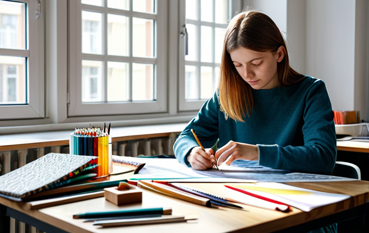 **

"A bright and modern textile design studio in Berlin, Germany. A young woman, fully clothed in a professional casual outfit, is sketching fabric patterns at her desk. Samples of colorful fabrics and design tools are scattered around her. Sunlight streams through the window. safe for work, appropriate content, professional, perfect anatomy, natural proportions, high quality, well-formed hands."

**