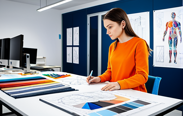 섬유기사 취업 분야별 연봉 - Product Development**
"A textile engineer in a brightly lit design studio, surrounded by fabric sam...