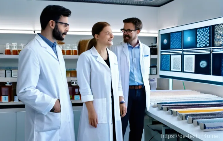 섬유기사 실기시험의 중요성 - **Prompt:** A focused young textile engineer, male or female, meticulously examining a high-tech wea...