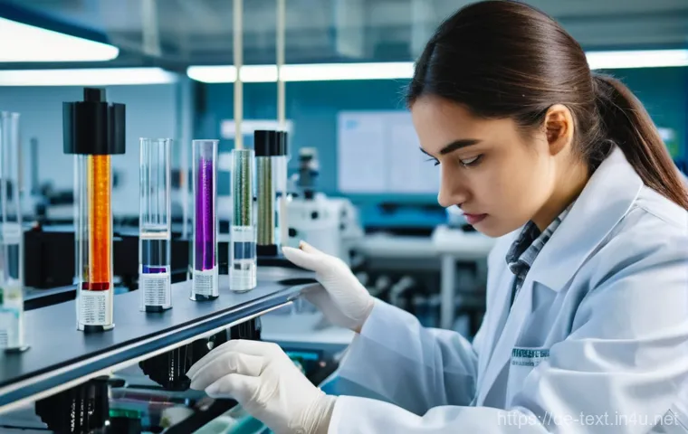 섬유기사와 실기시험의 중요 포인트 - **Prompt:** A focused young textile engineering student, wearing a clean lab coat and safety glasses...