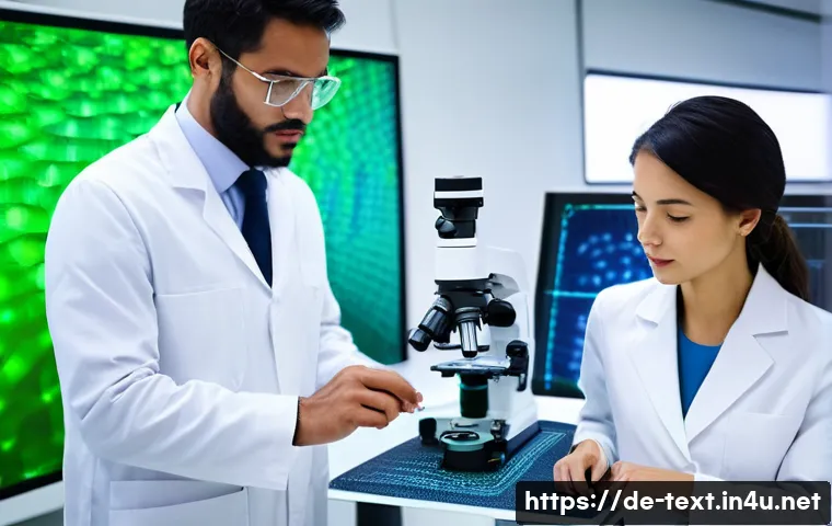 섬유기사 자격증 활용과 산업 적용 - "A diverse group of textile engineers, both male and female, in a bright, futuristic research and de...