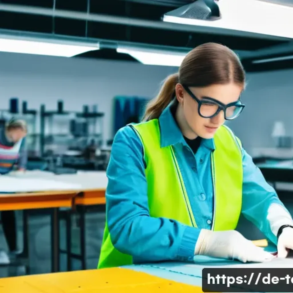 섬유기사 실기 시험 합격 방법 - A detailed workshop scene showing a young German textile technician trainee wearing appropriate work...