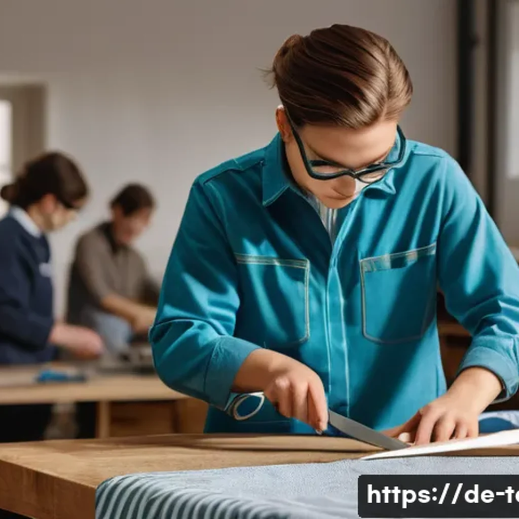 섬유기사와 실기시험의 준비 포인트 - A detailed, realistic workshop scene showing a German apprentice wearing protective work clothes and...