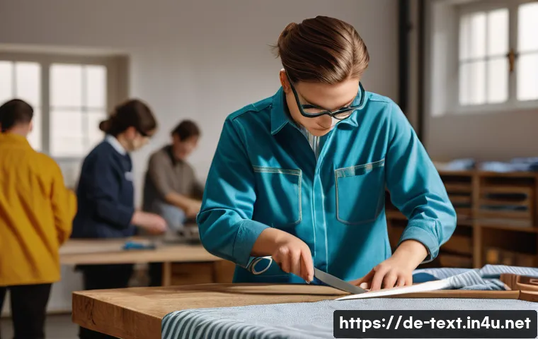 섬유기사와 실기시험의 준비 포인트 - A detailed, realistic workshop scene showing a German apprentice wearing protective work clothes and...