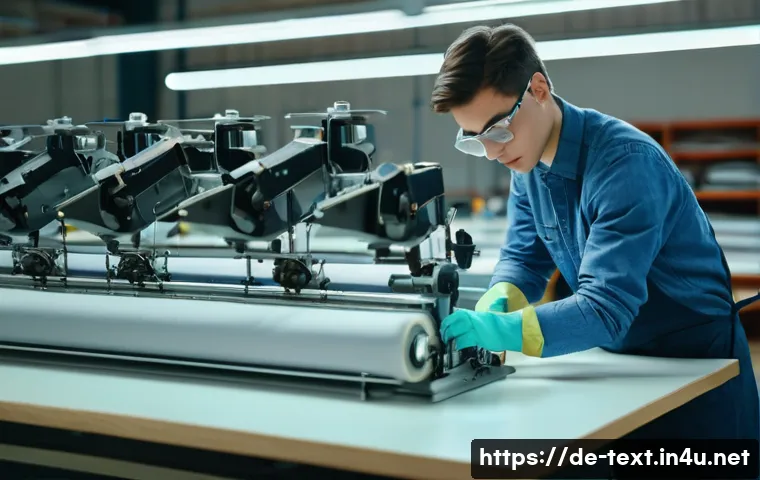 섬유기사 실기시험의 준비 방법 - A focused young adult textile technician practicing machine operation in a bright, modern workshop. ...