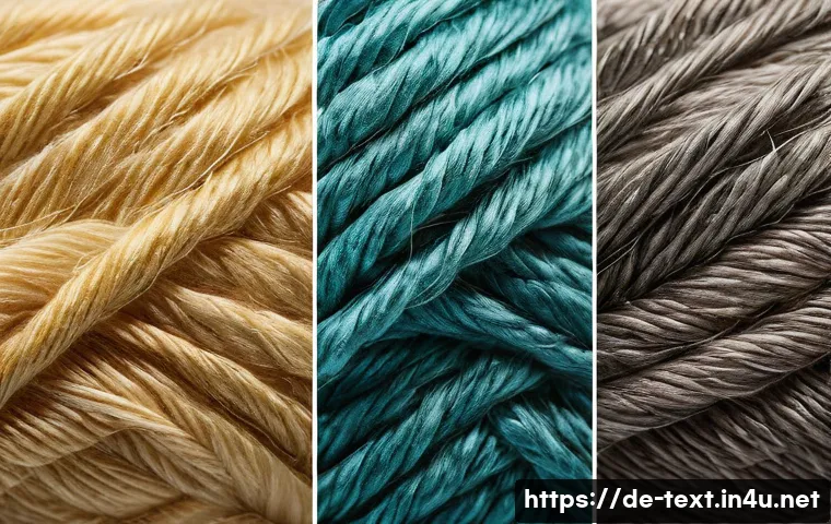 섬유기사 필기시험 빈출 개념 - A detailed close-up image of various natural and synthetic textile fibers laid out side by side on a...