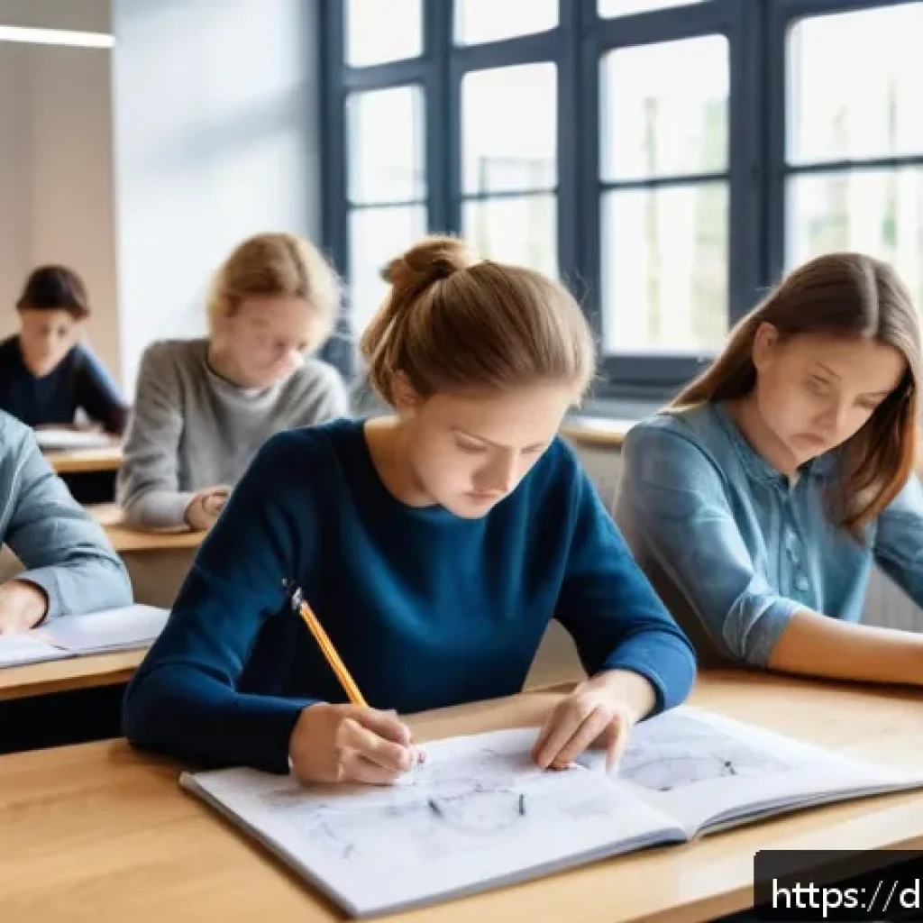 섬유기사 필기시험 대비 성공 사례 - A detailed and realistic classroom scene in Germany, showing a diverse group of adult students atten...
