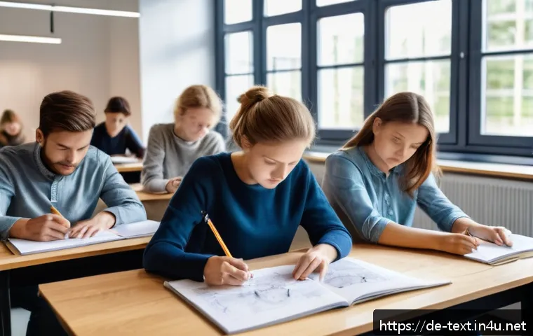 섬유기사 필기시험 대비 성공 사례 - A detailed and realistic classroom scene in Germany, showing a diverse group of adult students atten...