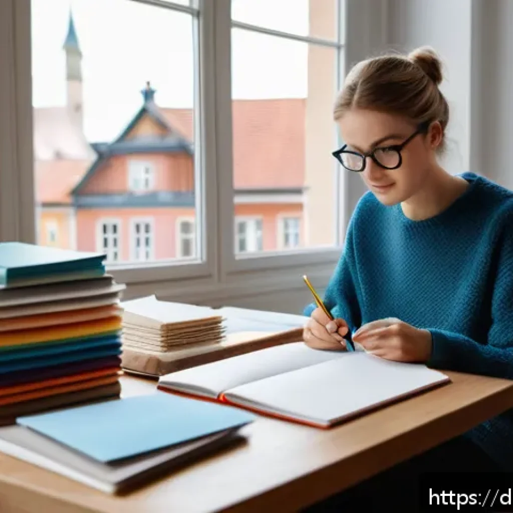 섬유기사 필기시험 대비 성공 사례 - A focused German student sitting at a modern study desk in a bright, cozy room filled with textbooks...