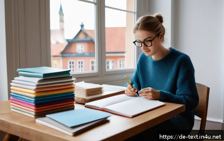 섬유기사 필기시험 대비 성공 사례 - A focused German student sitting at a modern study desk in a bright, cozy room filled with textbooks...