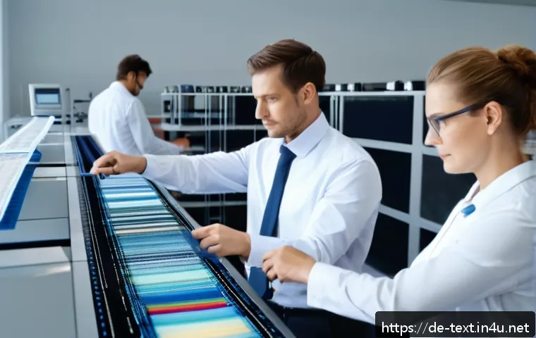 섬유기사 필기 과목의 중요성 - A modern textile laboratory scene in Germany, featuring a diverse group of adult professionals in bu...