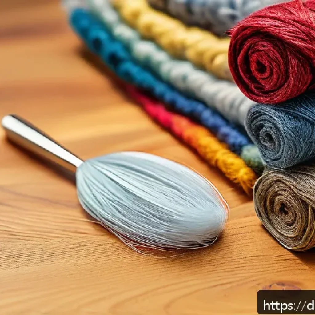 섬유기사 필기 중점 과목 - A detailed close-up of various textile fibers arranged side by side on a wooden table, including nat...