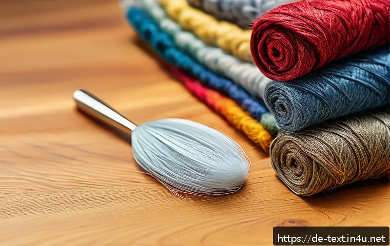 섬유기사 필기 중점 과목 - A detailed close-up of various textile fibers arranged side by side on a wooden table, including nat...