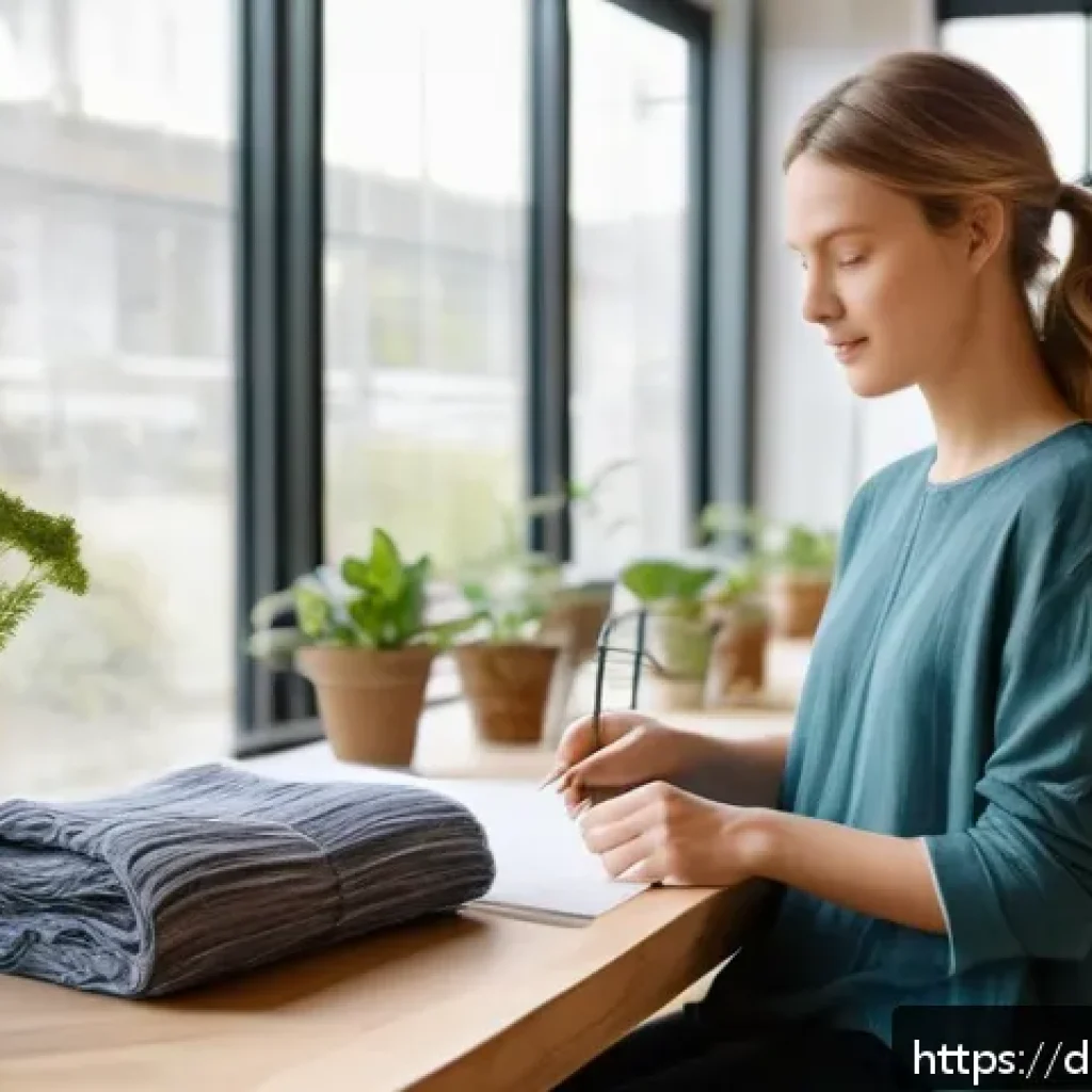 섬유기사와 글로벌 섬유산업 - A modern sustainable fashion studio scene featuring a female designer in casual clothing made from b...