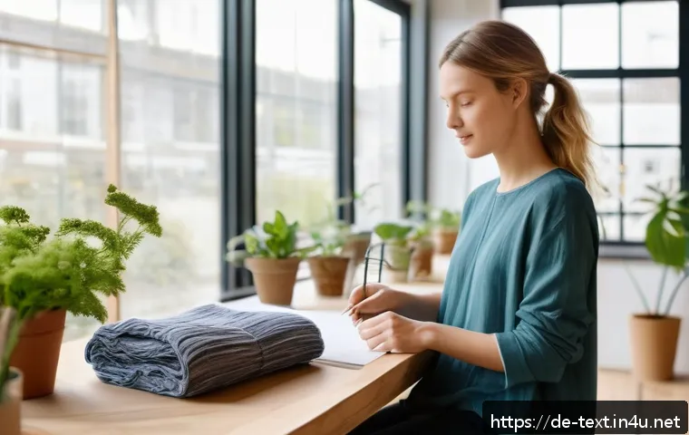 섬유기사와 글로벌 섬유산업 - A modern sustainable fashion studio scene featuring a female designer in casual clothing made from b...