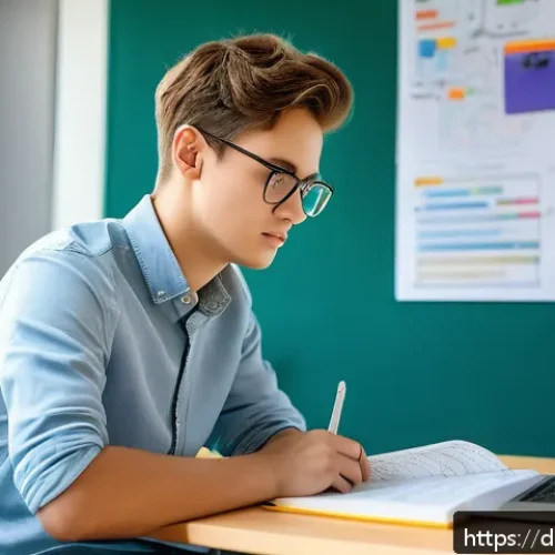 Home 32 섬유기사와 필기시험 준비 단계 - A focused young adult student sitting at a tidy desk in a modern German-style study room, surrounded...