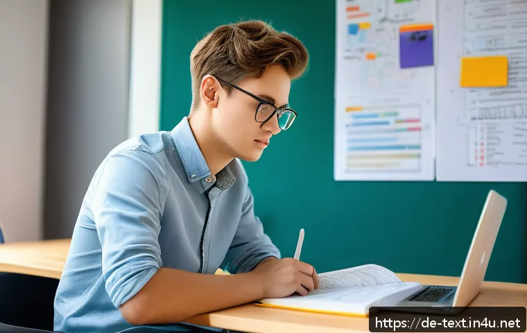 섬유기사와 필기시험 준비 단계 - A focused young adult student sitting at a tidy desk in a modern German-style study room, surrounded...