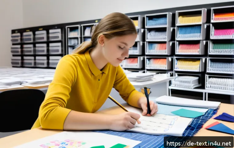 섬유기사와 필기시험 준비 사례 - A detailed study scene showing a young adult German student preparing for the Textile Technology cer...
