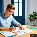 Home 23 섬유기사와 필기시험 준비 사례 - A focused study scene showing a young German textile engineering student sitting at a clean desk wit...