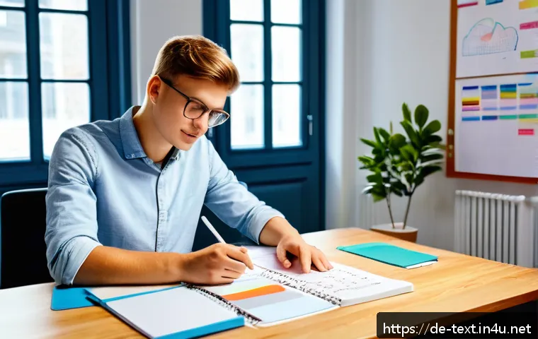 섬유기사와 필기시험 준비 사례 - A focused study scene showing a young German textile engineering student sitting at a clean desk wit...