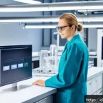 섬유기사와 해외 취업 - A modern textile engineer working in a high-tech German laboratory, surrounded by sustainable fabric...