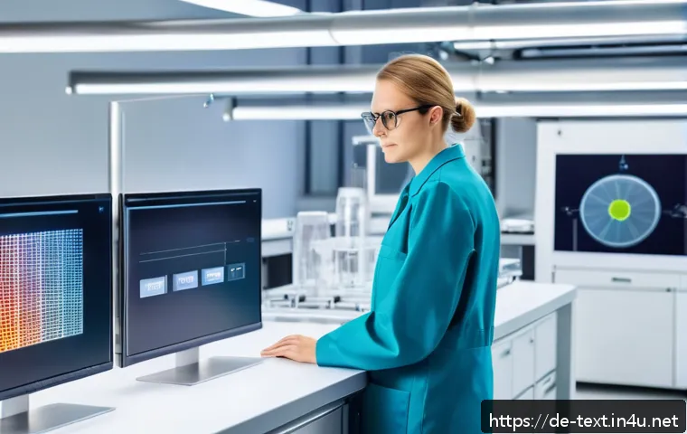 섬유기사와 해외 취업 - A modern textile engineer working in a high-tech German laboratory, surrounded by sustainable fabric...