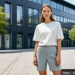 섬유기사와 섬유 화학 - A high-fashion editorial scene featuring a model wearing sustainable everyday clothing made from bio...