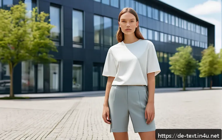 섬유기사와 섬유 화학 - A high-fashion editorial scene featuring a model wearing sustainable everyday clothing made from bio...