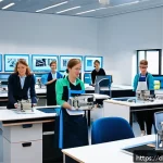 섬유기사 학원 추천 - A modern textile technology training center in Germany, featuring a bright, spacious classroom with ...