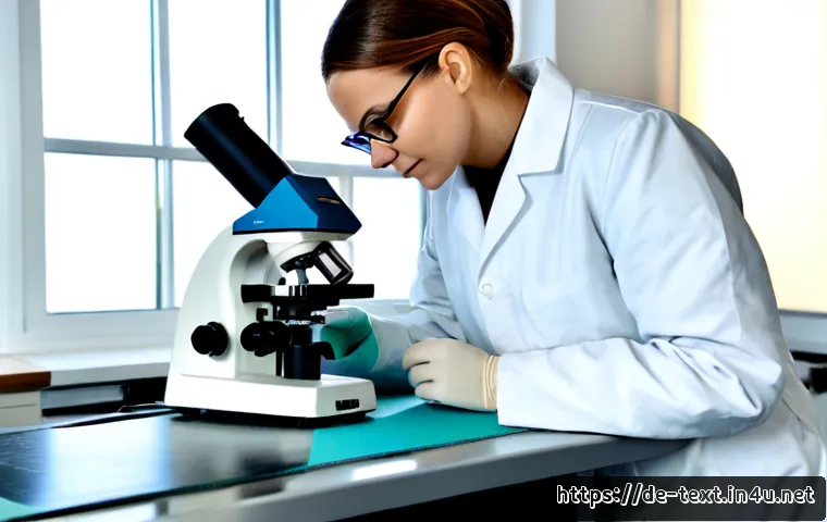 Home 17 섬유기사와 품질관리 시험 - Photorealistic German textile quality-control laboratory, skilled textile technician in clean protec...