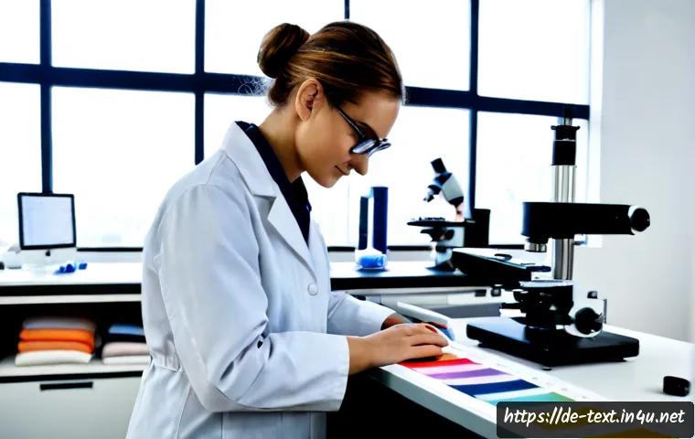 섬유기사 자격증과 산업별 전망 - Photorealistic textile engineering technician in a modern German fabric testing laboratory, wearing ...