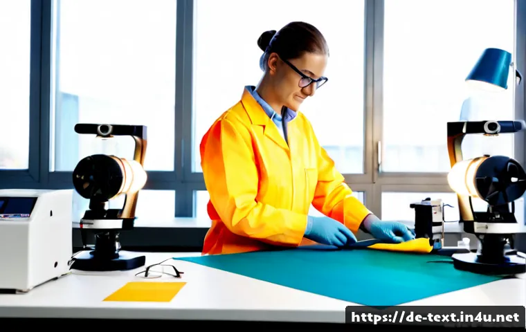 Home 17 섬유기사와 직업 만족도 비교 - Photorealistic German textile engineer in a bright modern fabric testing laboratory, wearing clean w...