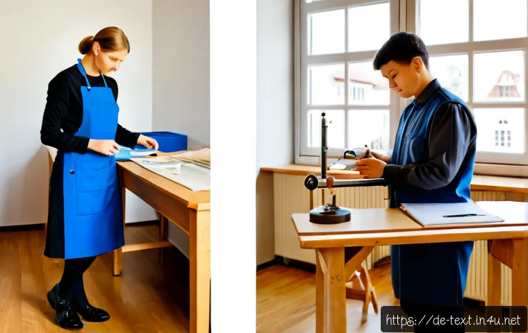 Home 17 섬유기사와 필기시험의 난이도 - Photorealistic split-scene comparison in a bright German vocational training study room: on the left...