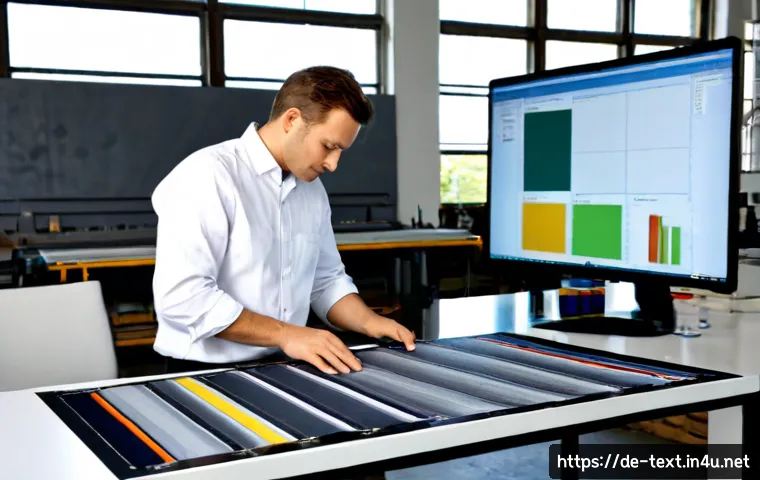 섬유기사 실무용 소프트웨어 - Photorealistic German textile engineering workspace, experienced textile technician in modest profes...