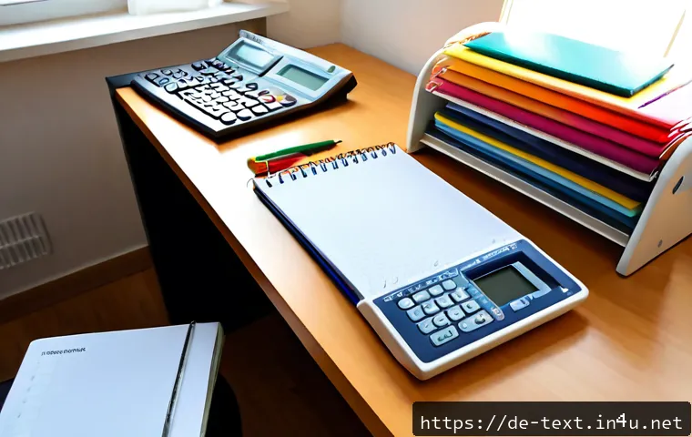 섬유기사 필기시험 대비 자료 - Photorealistic study desk for a German textile engineering written exam, organized fabric swatches, ...